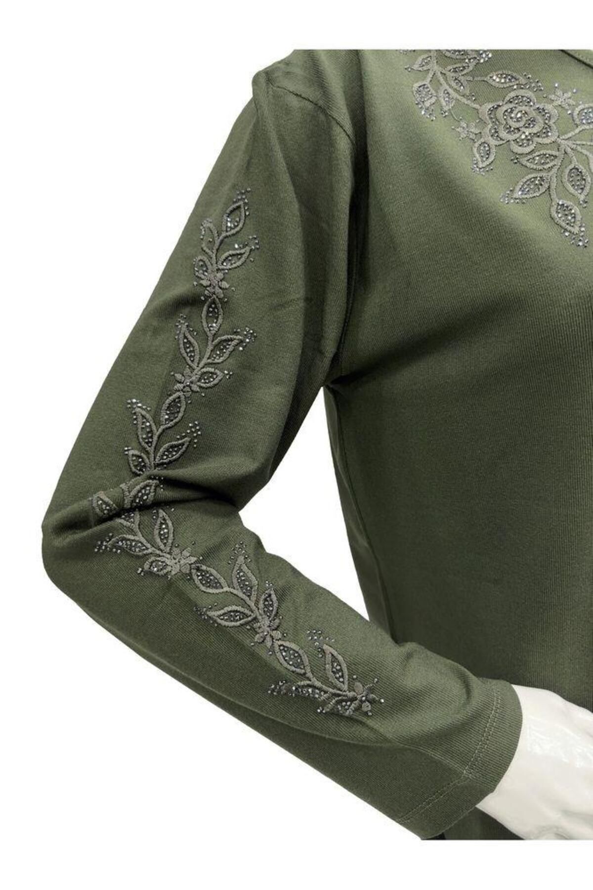 Moda Zeyn-Stone Detailed Floral Patterned Clover Combed Cotton Blouse - Winter Quality 2