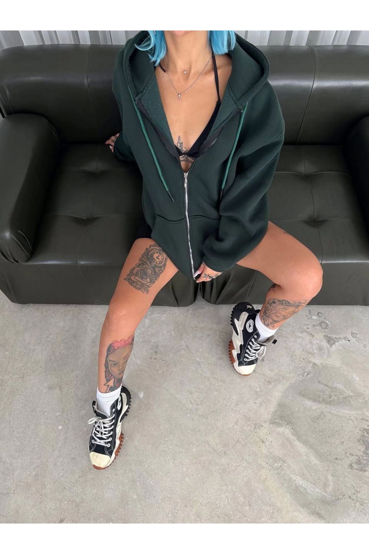 Pink Stil Oversize Tam Fermuarlı Uzun Kol Hırka - Haki Pink Stil