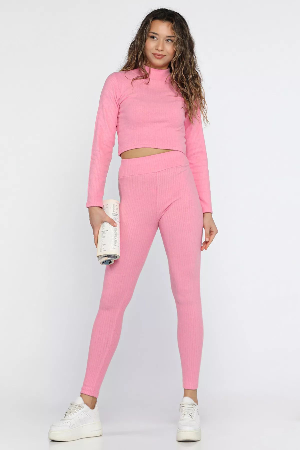 GÜLSELİ-Pink Half Turtleneck Camisole Crop Blouse Tights Double Set 2