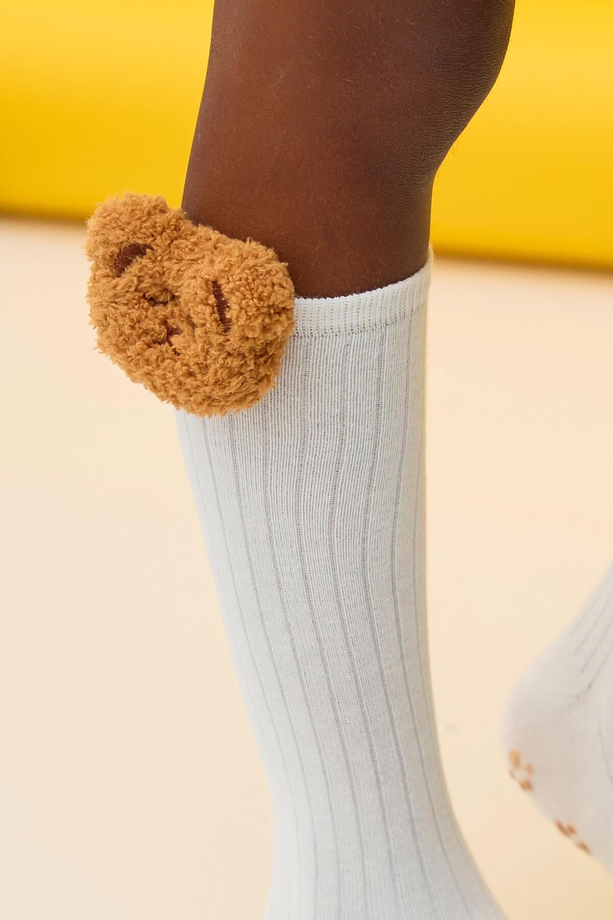 Katia&Bony-Ecru Girl's Knee Socks - Teddy Bear Detail 2