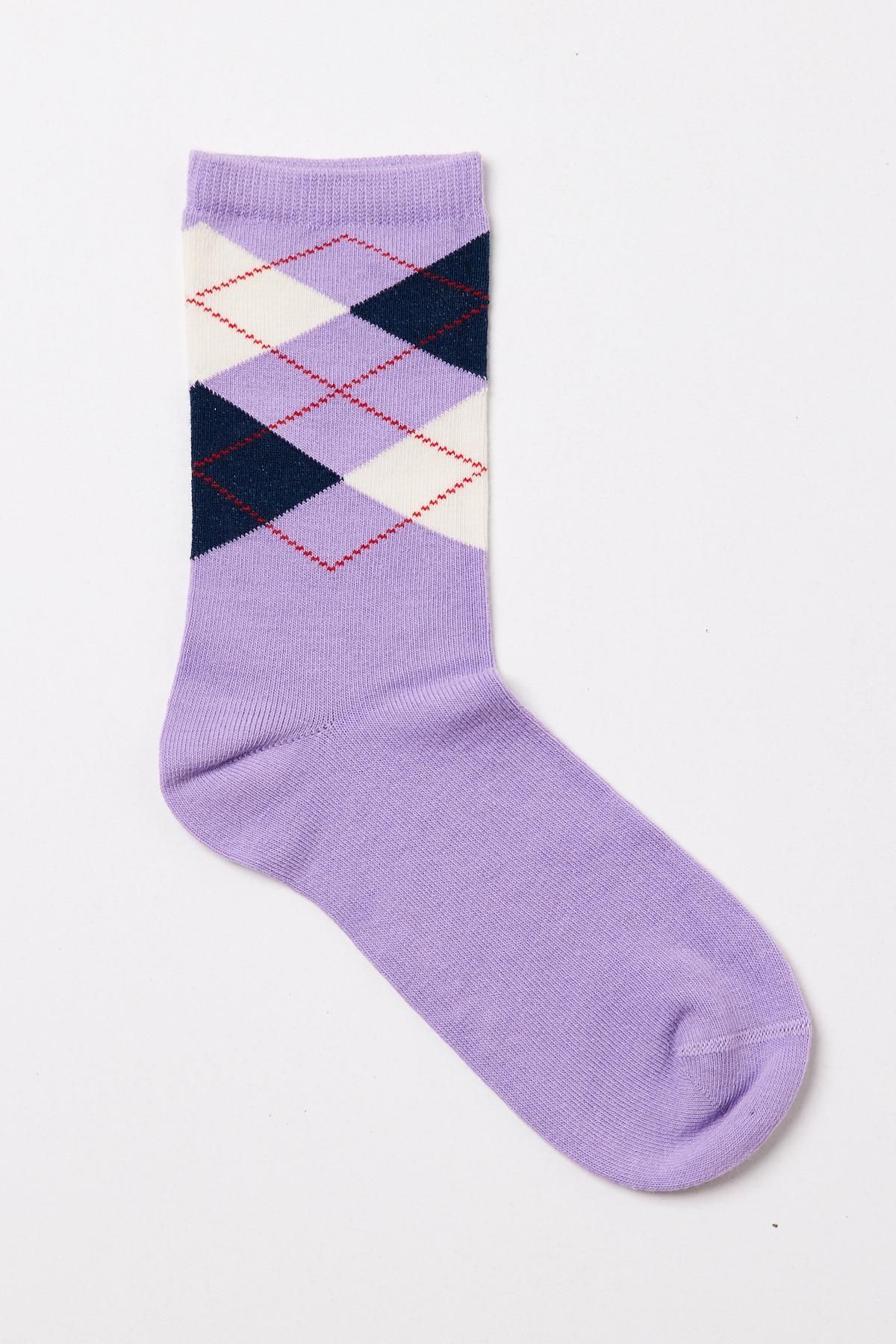 Katia&Bony-Plaid Patterned Cotton Women's Socket Socks Purple 1