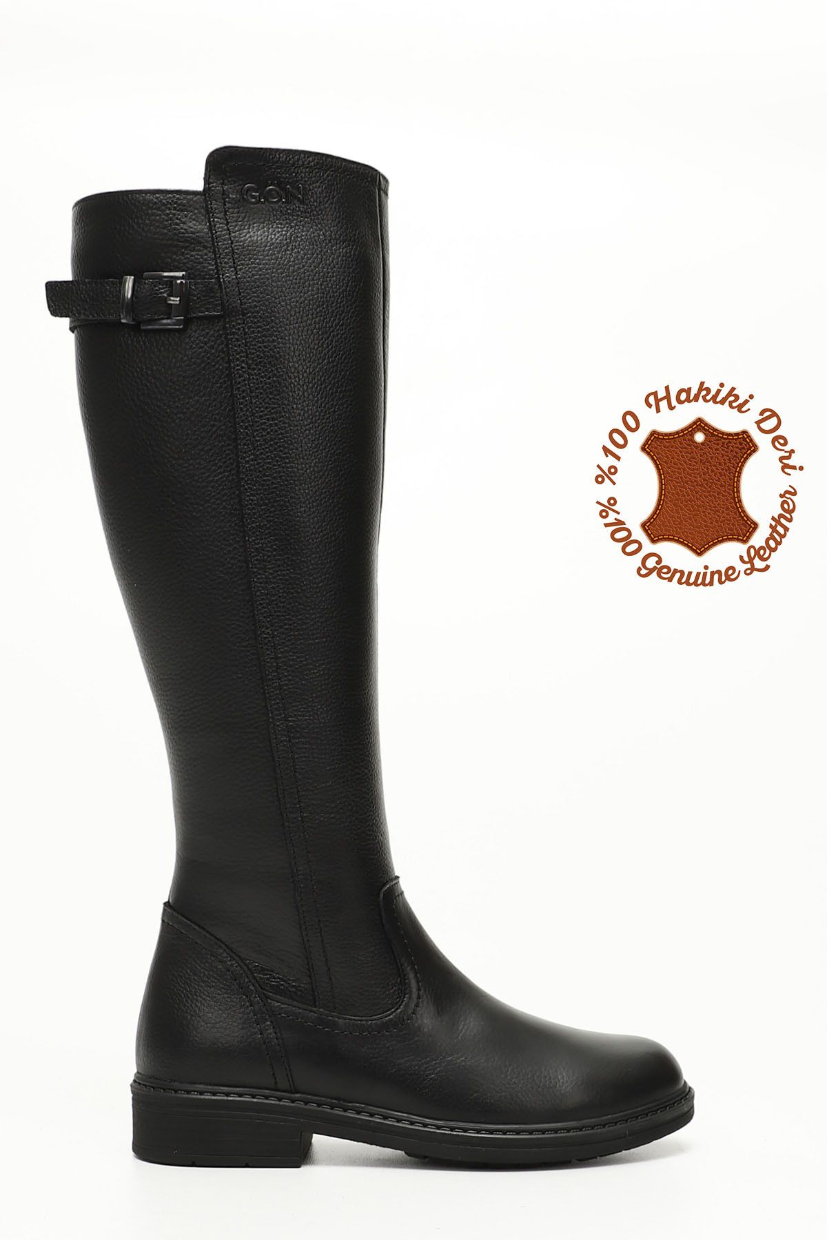 GÖNDERİ(R)-Schwarze Floater-Damenstiefel aus echtem Leder mit Reißverschluss und Gummisohle 1