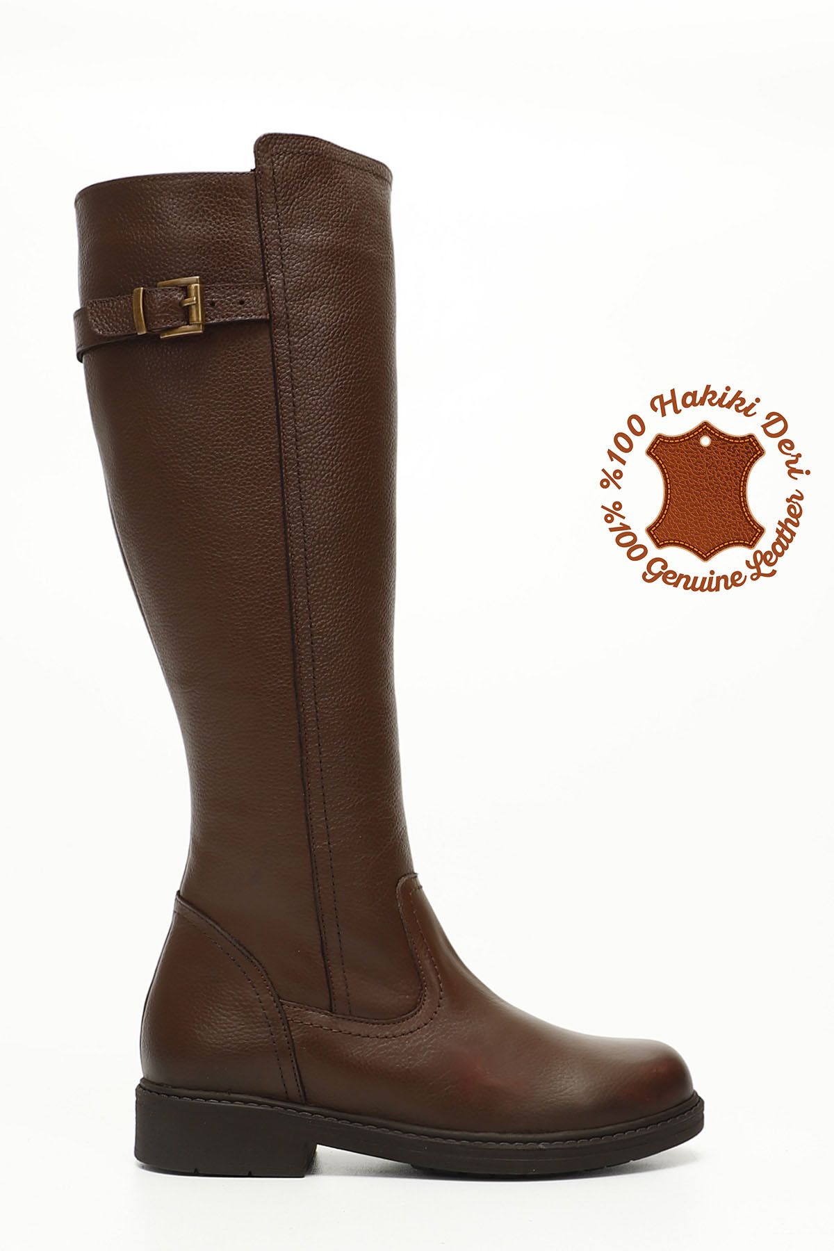 GÖNDERİ(R)-Braune Floater-Stiefel aus echtem Leder mit Reißverschluss und Gummisohle für Damen 1