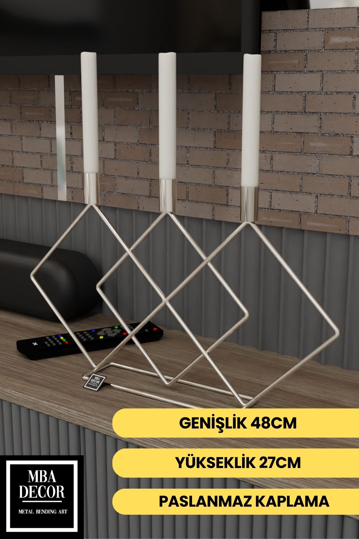 Saatistan Paslanmaz Metal Gümüş Double Prizma 48cm Masaüstü Mumluk Dekorasyon