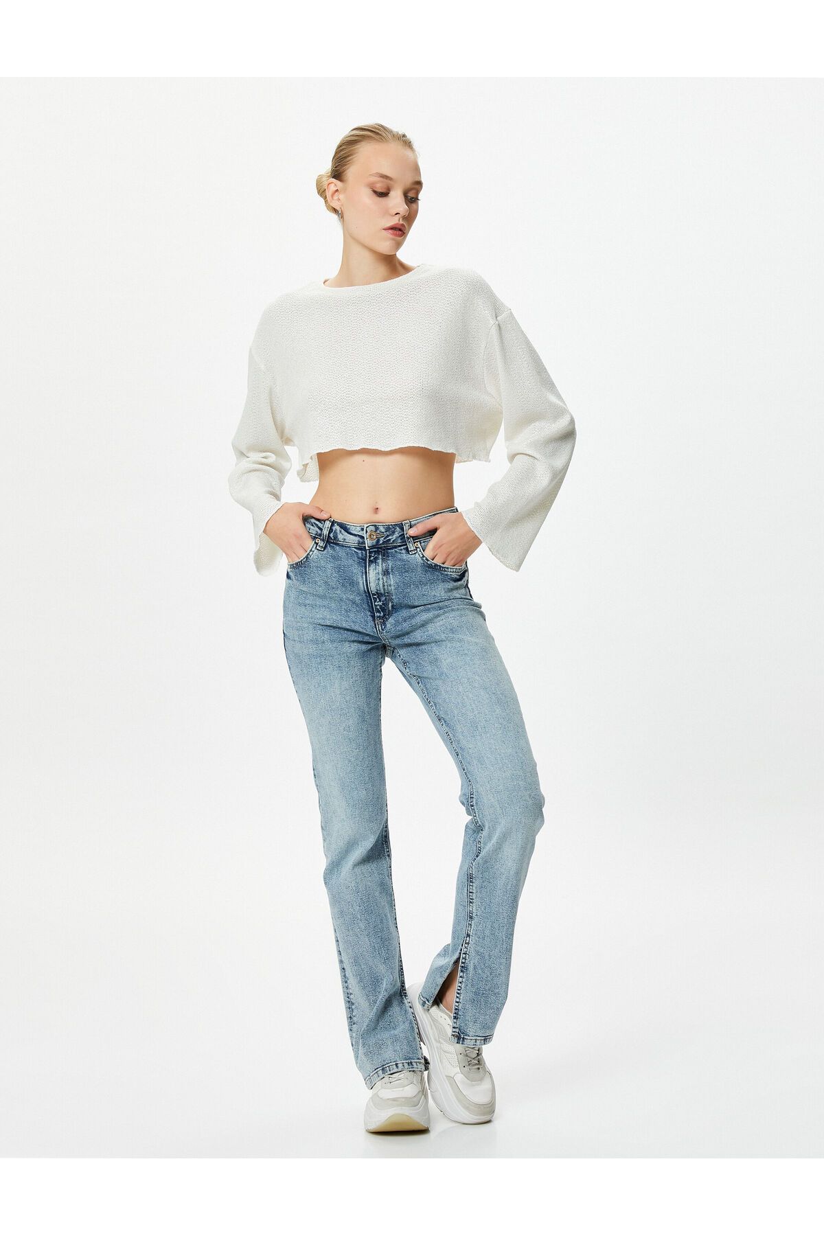 Koton-Crop T-Shirt Knitted Wide Sleeves Relaxed Cut Crew Neck 2