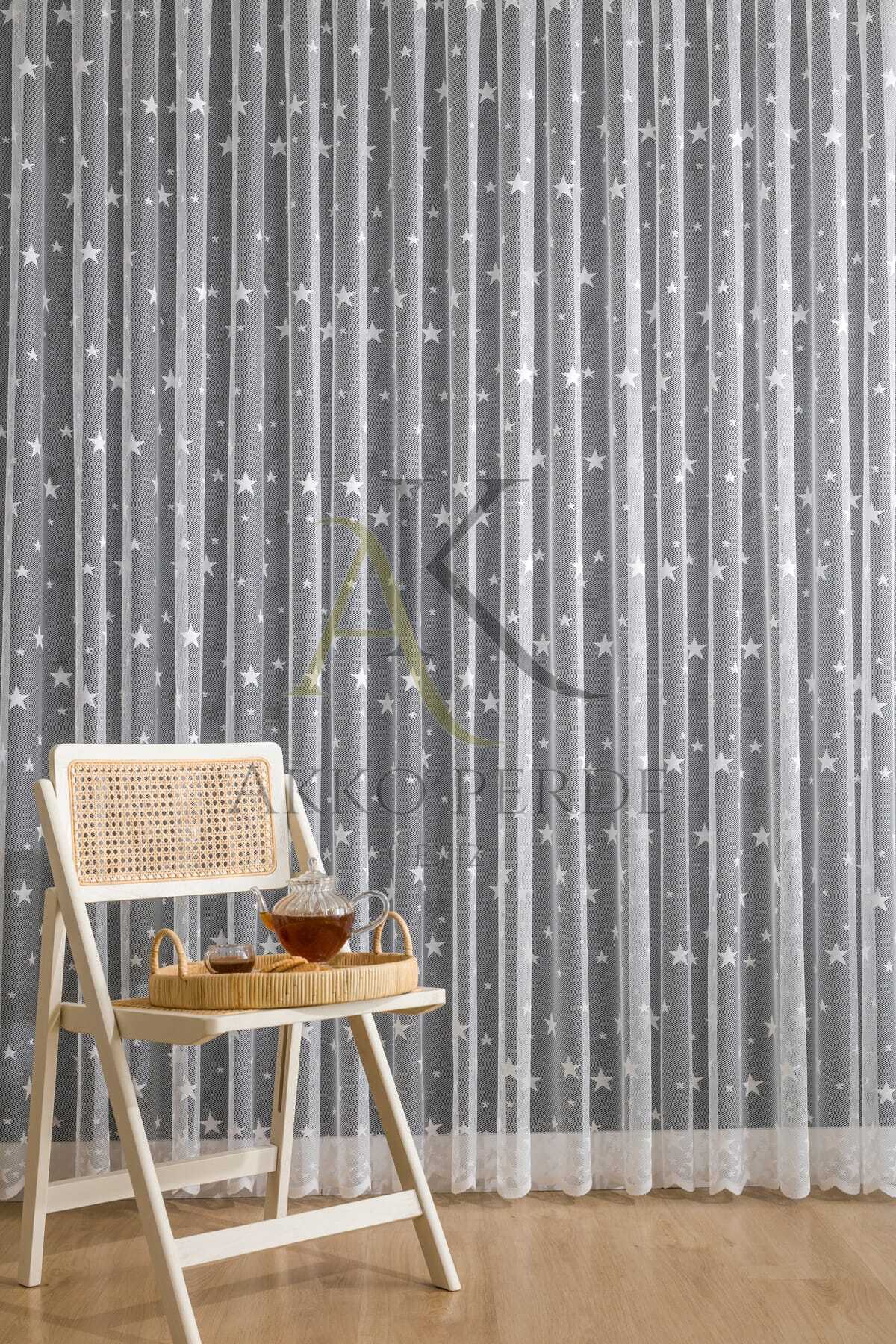 Karesi Büyük Yıldızlı Beyaz Sık Pileli 1x3 Tül Perde fotoğrafı 3 (önizleme)