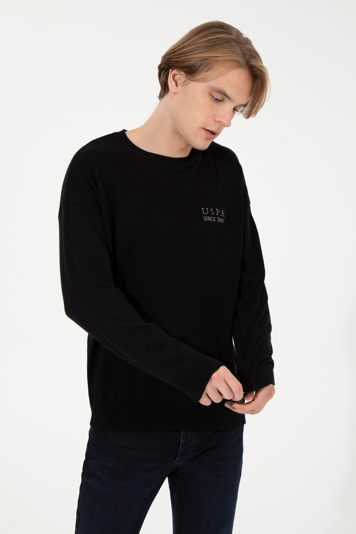 یو اس پولو ژاکت بافتنی مردانه یقه گرد مشکی 50258306-VR046