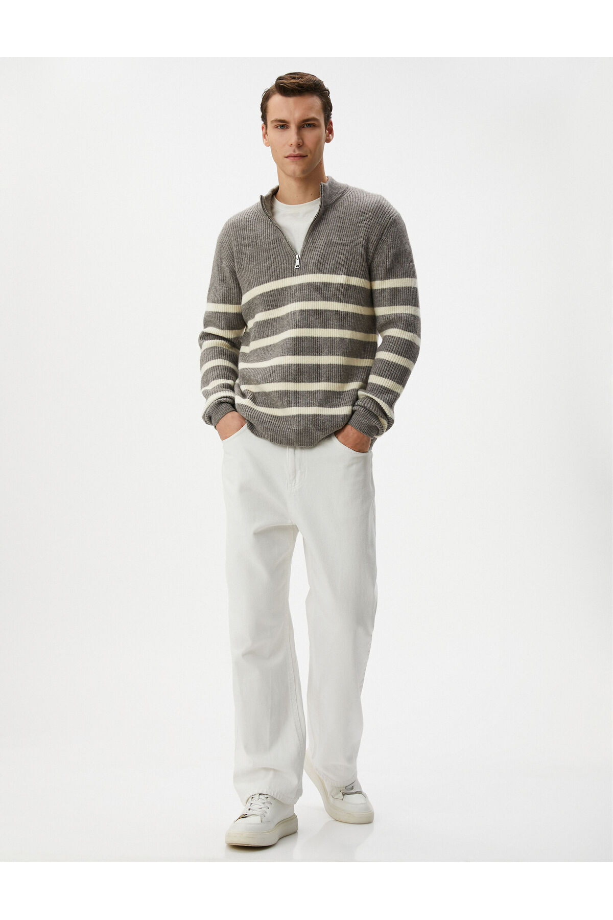 کوتون ژاکت بافتنی نیم زیپ راه راه آستین بلند