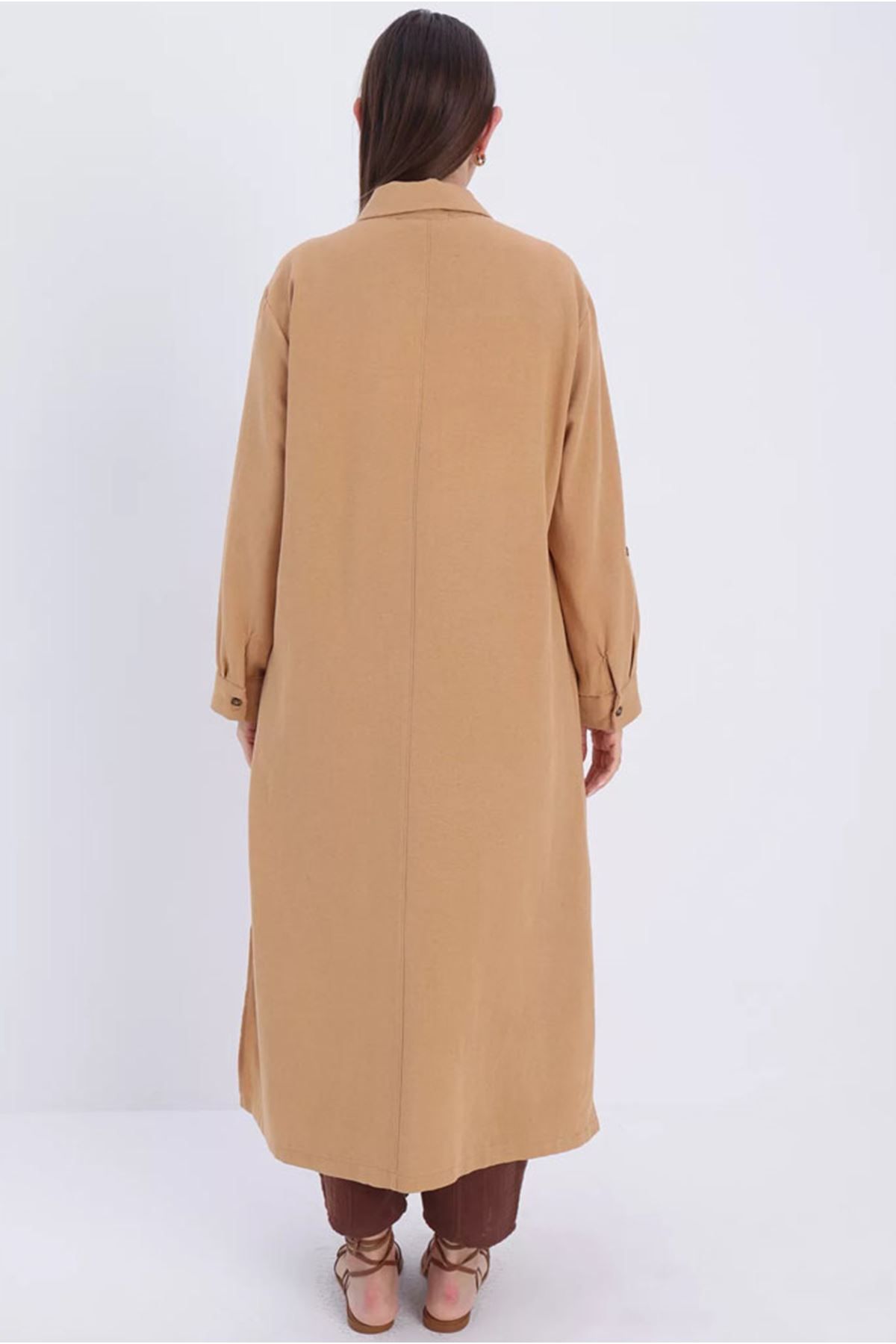 Moda Rosa-24Y4393 - CAMEL - Plus Size Double Buttoned Linen Full Length Tunic 5