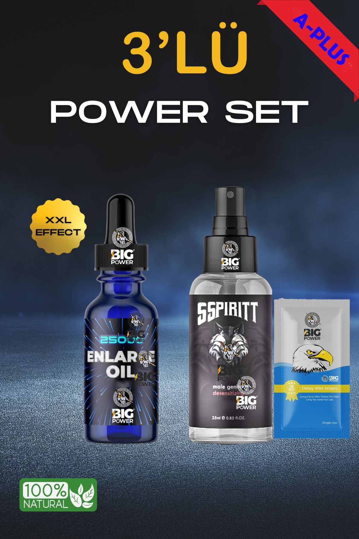 BİG POWER 3lü Set Sertleştiricili Büyütücülü Kalınlaştırıcılı Oil Yağ Ve Geciktiricili Sprey ve Mendil A-plus