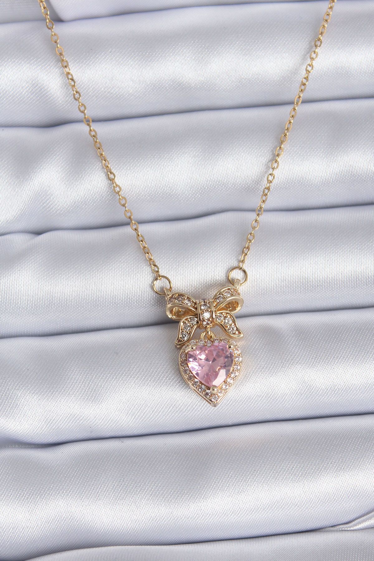 Maristas Çelik Gold Zincir Pembe Kristal Kalp Model Zirkon Taşlı Kurdele Model Kadın Kolye