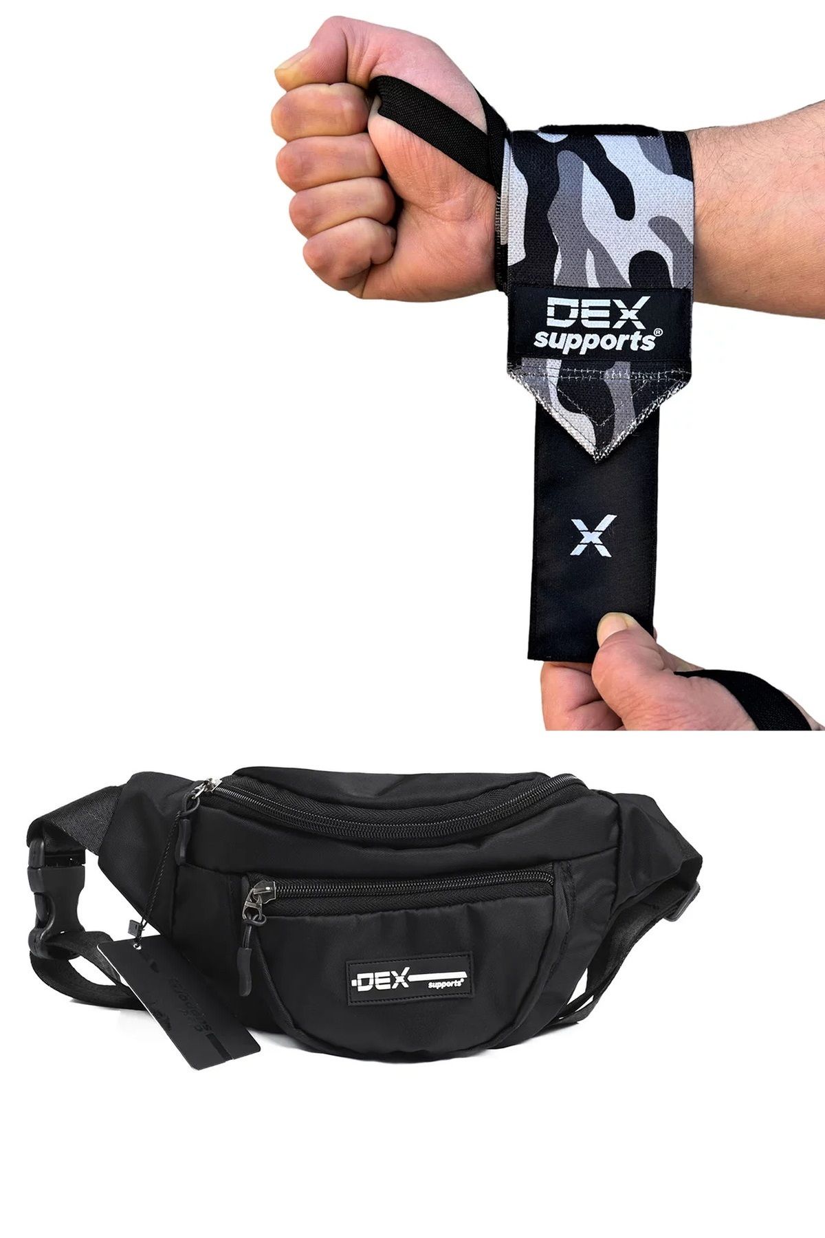 Dex Supports Fitness Sporcu Bilekliği Dark Kamuflaj Wrist Wraps + Bel Omuz Çantası 2'li Paket