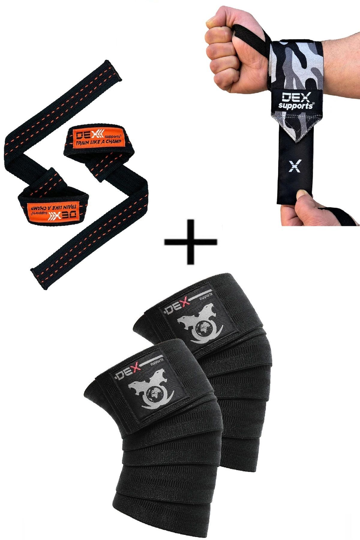 Dex Supports Fitness Bilekliği Dark Kamuflaj Wrist Wraps + Lifting Straps Turuncu + Knee Wraps Legend 3'lü Paket