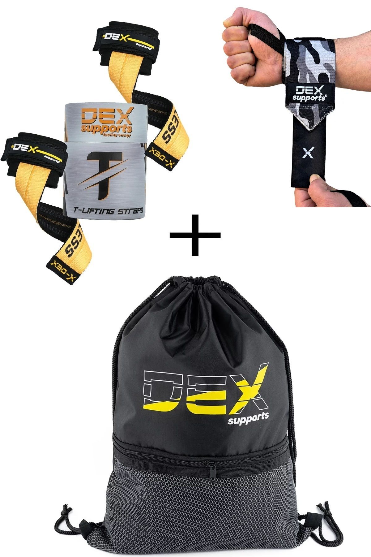 Dex Supports Sporcu Bilekliği Dark Kamuflaj Wrist Wraps+T-Grips Lifting Straps+Sackpack 3'lü Paket