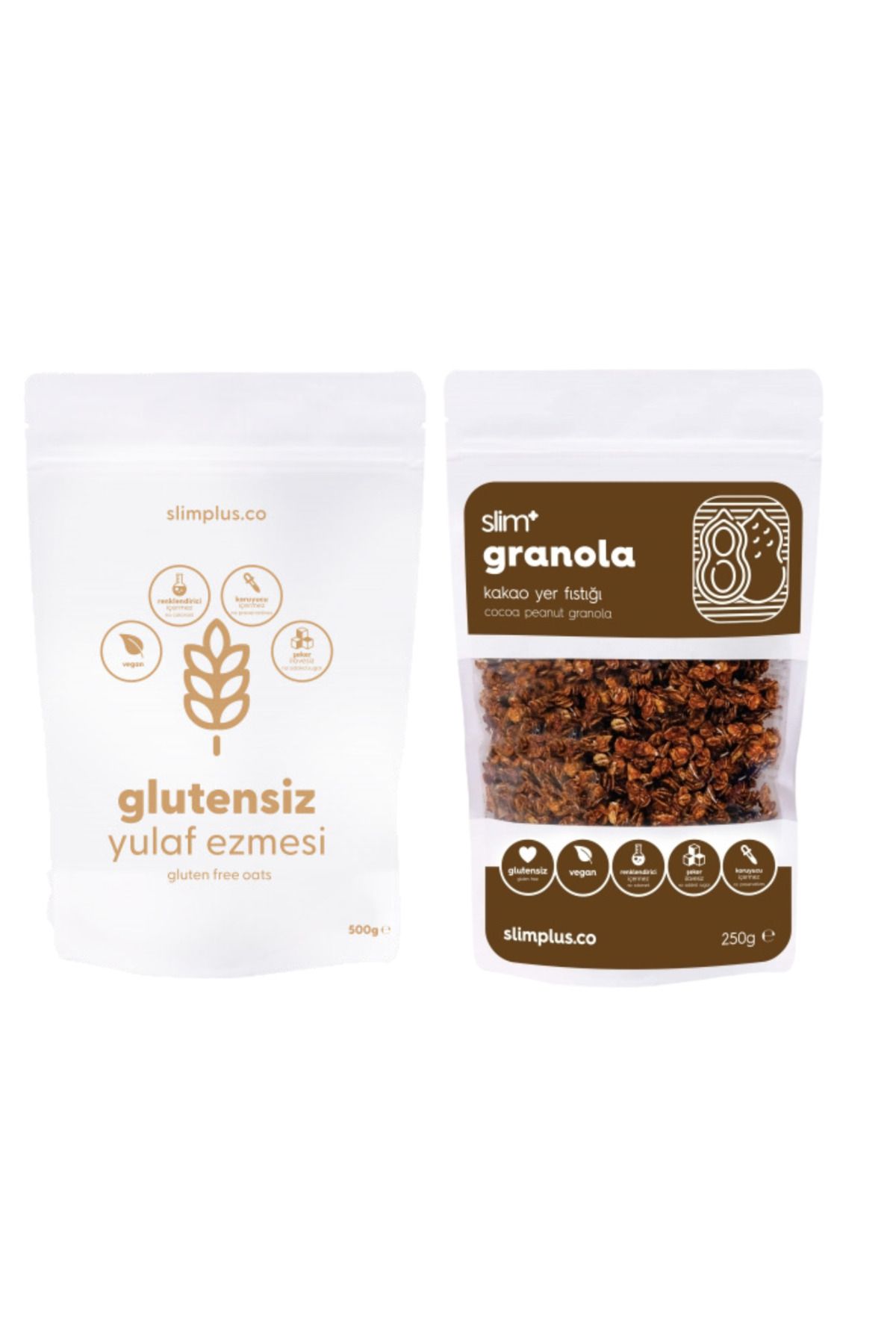 slimplus Kakao Yer Fıstığı Glutensiz İlave Şekersiz Vegan 250G Granola ve 500G Yulaf Ezmesi Paketi