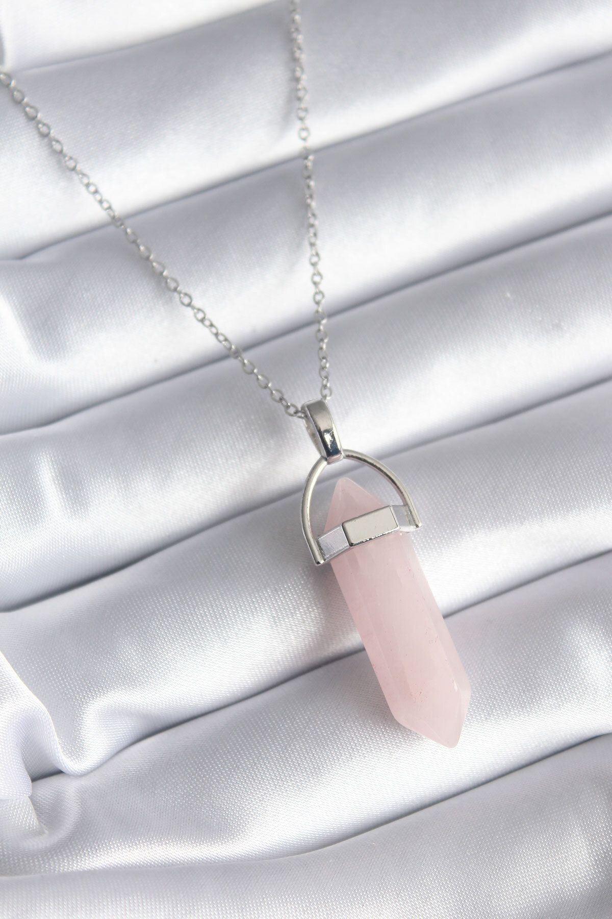 MMB Boutique 316L Çelik Gümüş Renk Pembe Taşlı Kadın Kolye