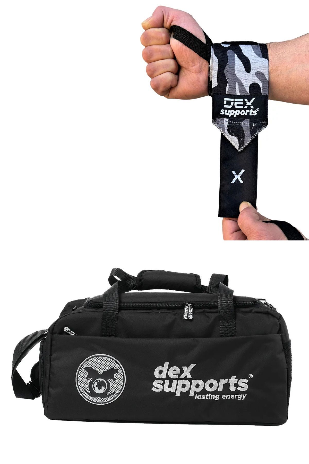 Dex Supports Fitness Bilekliği Dark Kamuflaj Wrist Wraps + XXL Büyük Boy Fitness Spor Çantası Gri 2'li Paket