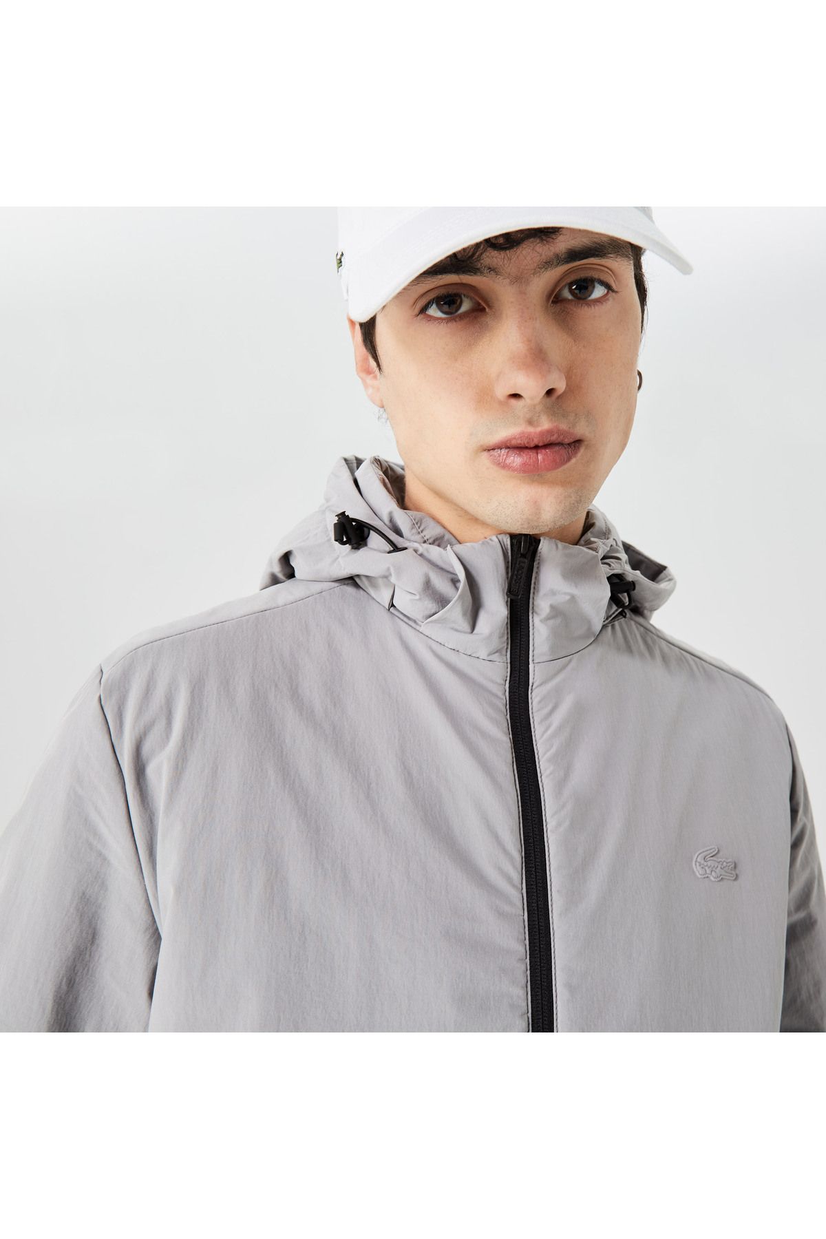 کاپشن خاکستری مردانه مانتو بلوکی رنگ کلاهدار Lacoste