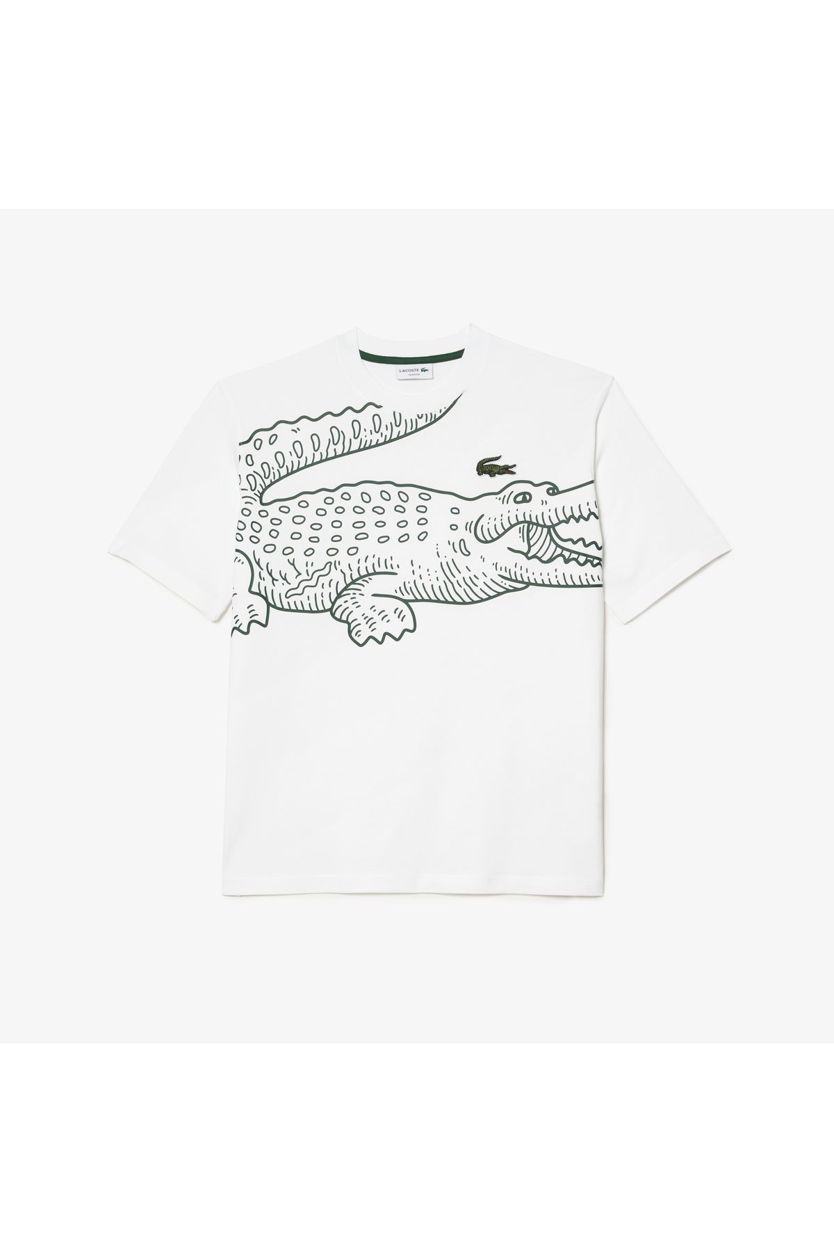تی شرت سفید مردانه یقه دوچرخه تناسب پنبه ارگانیک طرح دار Lacoste
