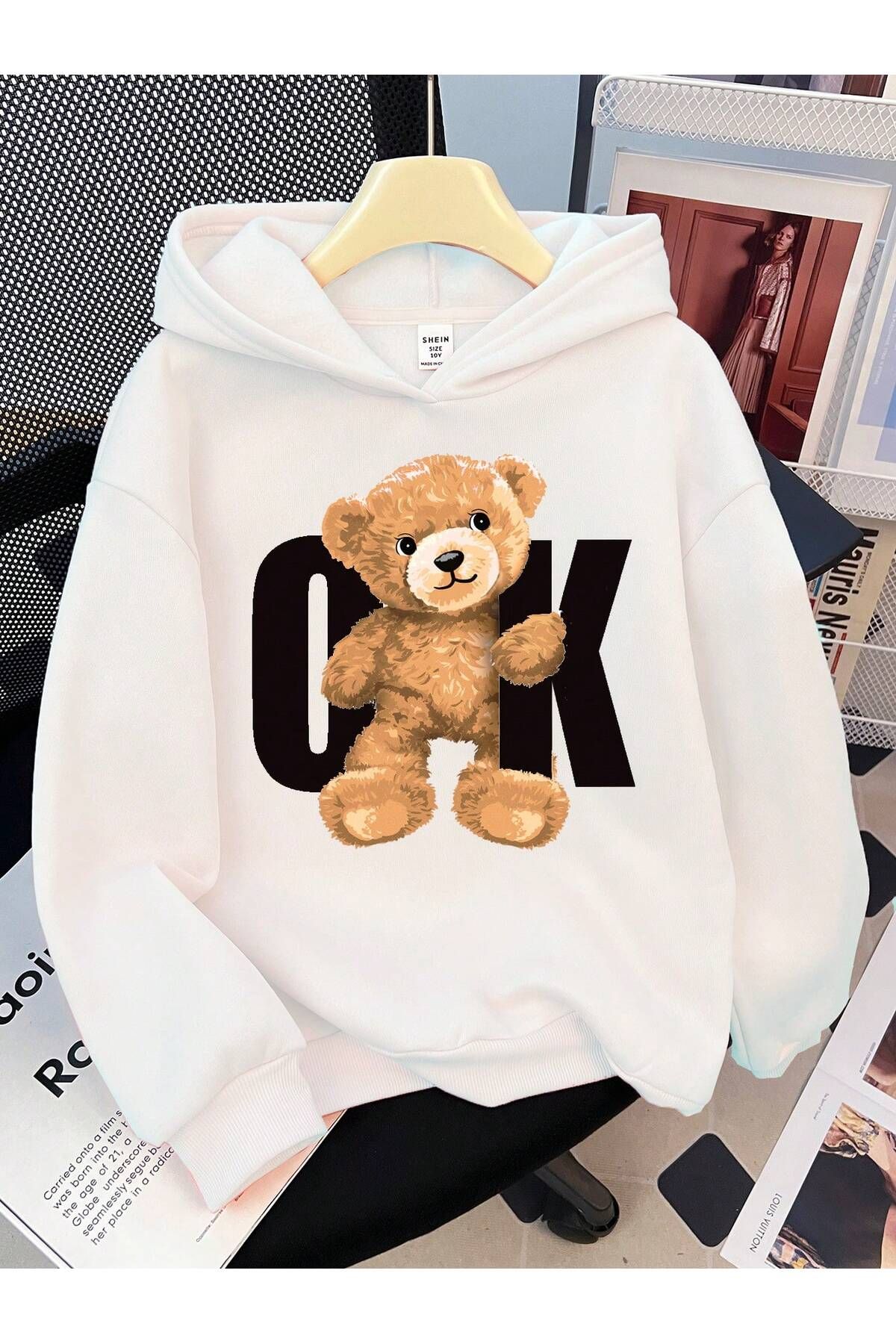 PENTHİLUS-White Oversize Hooded Sweatshirt - Arrow Teddy Bear Front Printed Hoodie 1