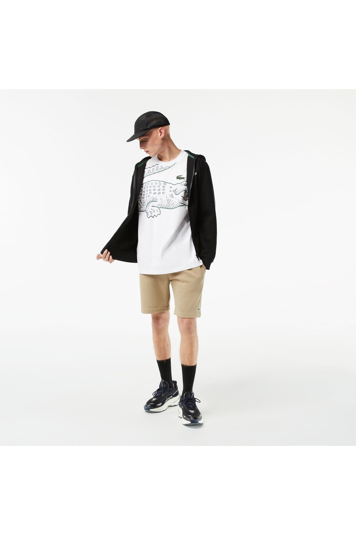 تی شرت سفید مردانه یقه دوچرخه تناسب پنبه ارگانیک طرح دار Lacoste