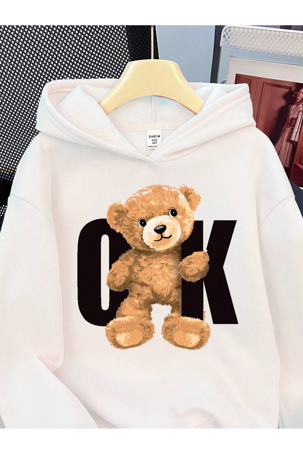 PENTHİLUS-White Oversize Hooded Sweatshirt - Arrow Teddy Bear Front Printed Hoodie 2