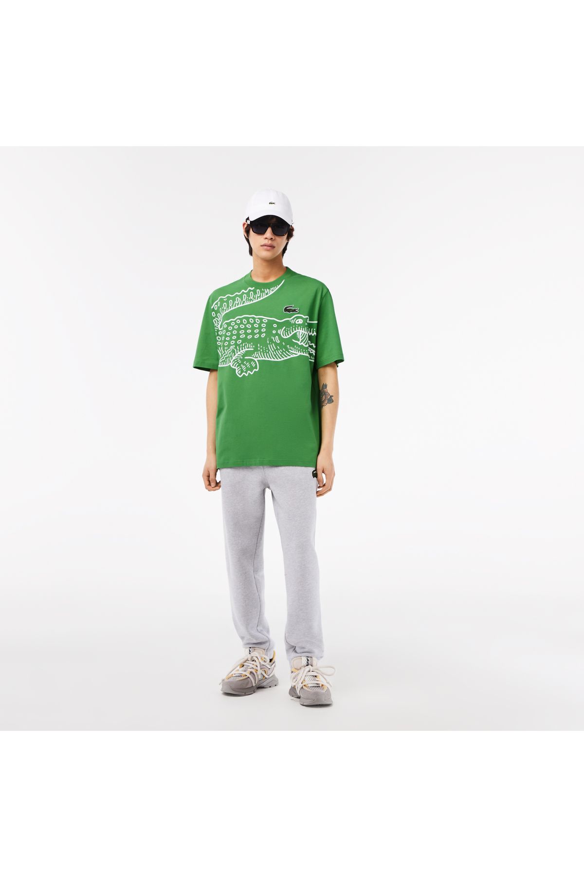 تی شرت سبز مردانه یقه دوچرخه تناسب پنبه ارگانیک طرح دار Lacoste