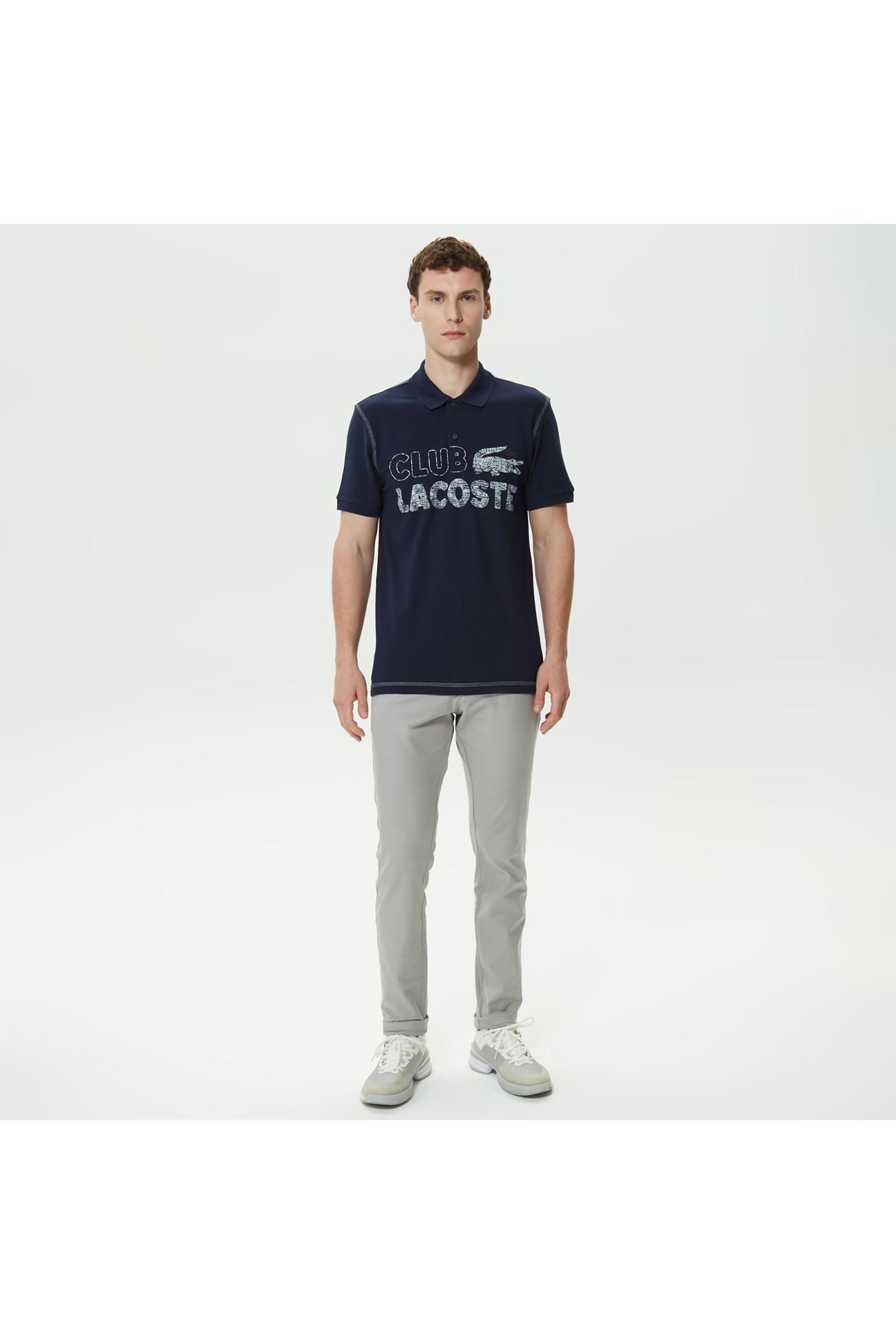 تی شرت یقه پولو آبی مردانه چوگان طرح دار معمولی Lacoste