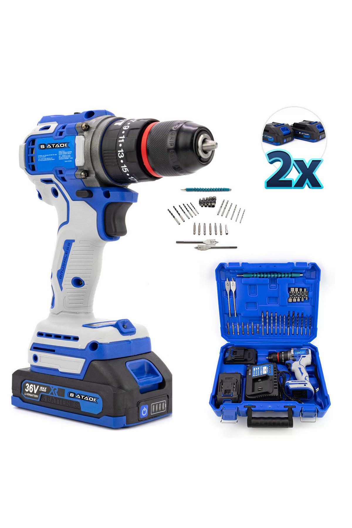 Sataok 36V 5Ah Kömürsüz Motor Çelik Mandren Akülü Vidalama Darbeli Şarjlı Matkap Seti Mavi-Beyaz