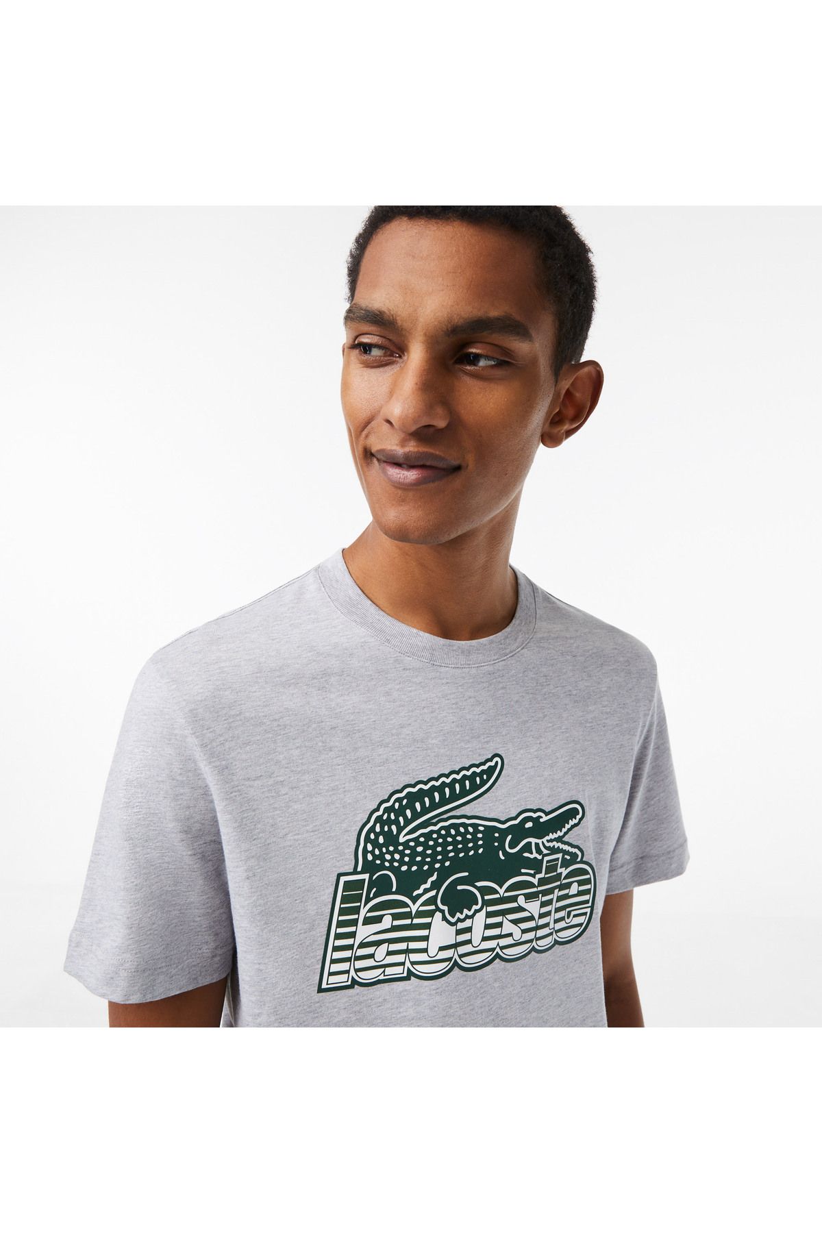 تی شرت خاکستری مردانه یقه دوچرخه مناسب طرح دار Lacoste
