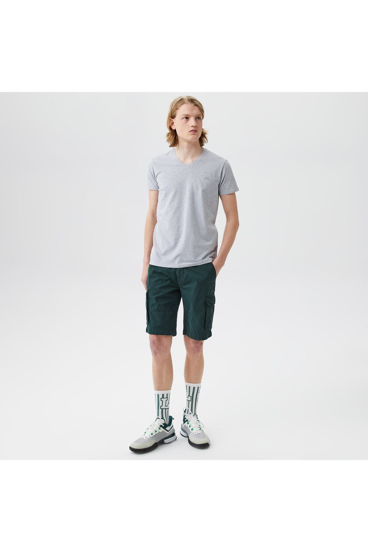 تی شرت خاکستری مردانه Slim Fit v Yaka Lacoste