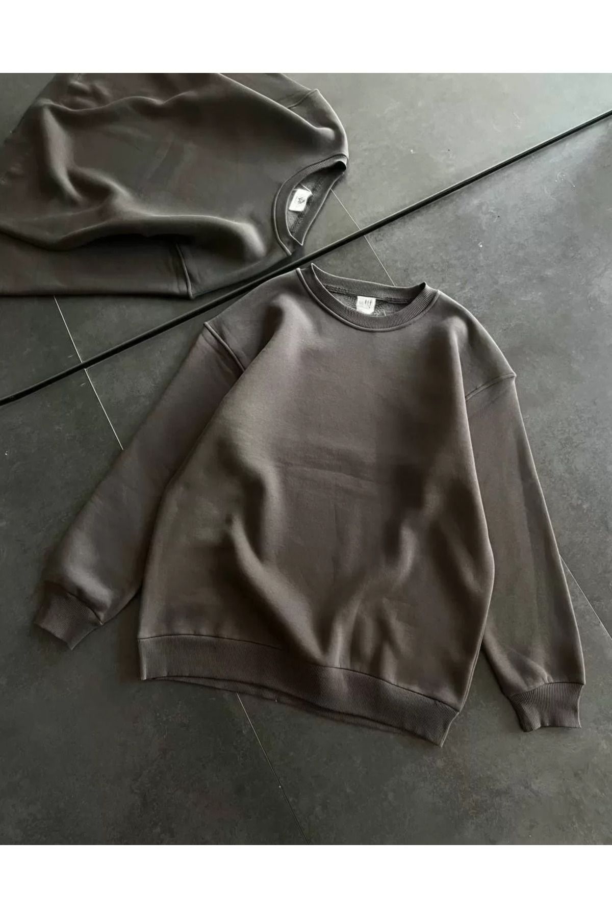SA Alişveriş Dünyam Kışlık Bisiklet Yaka Üç İplik Basic SweatShirt - Füme