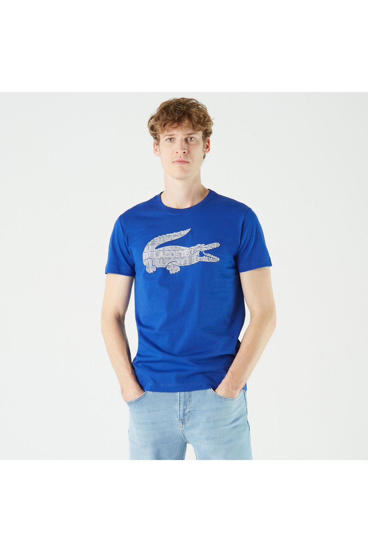 تی شرت آبی مردانه یقه دوچرخه باریک طرح دار Lacoste