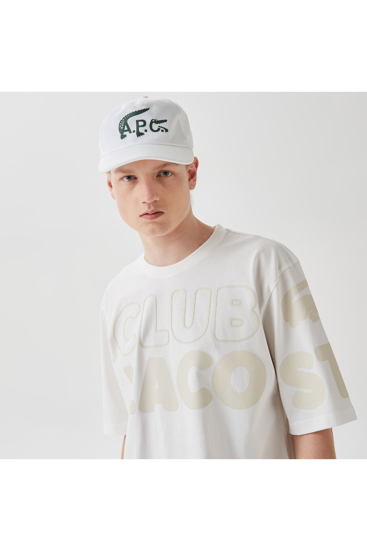 تی شرت سفید مردانه یقه دوچرخه تناسب طرح دار Lacoste