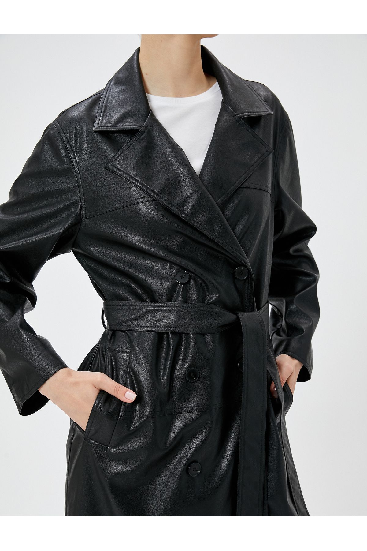 Koton-Faux Leather Long Trench Coat - Double Breasted, Pocketed and Buttoned 5