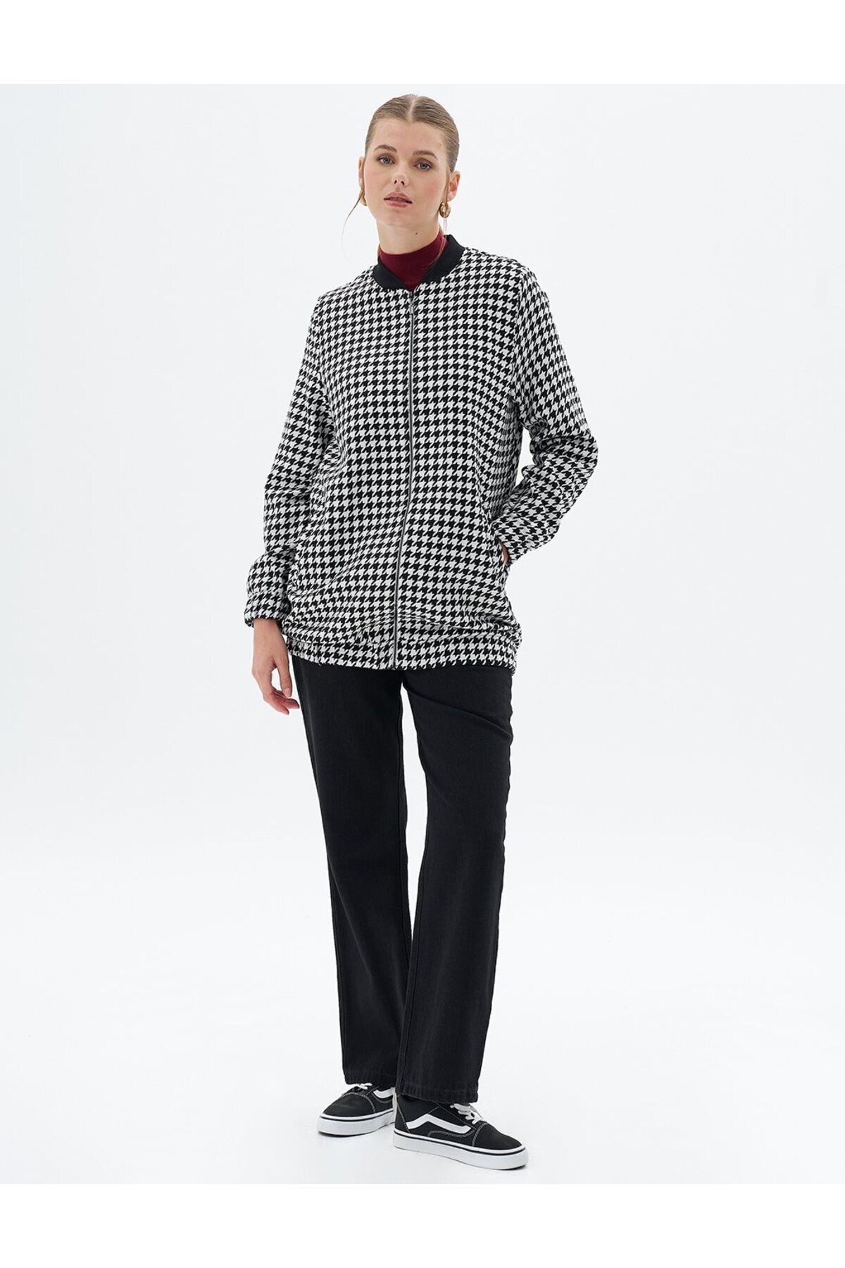 ژاکت زیپ دار مدل Houndstooth مشکی Kayra