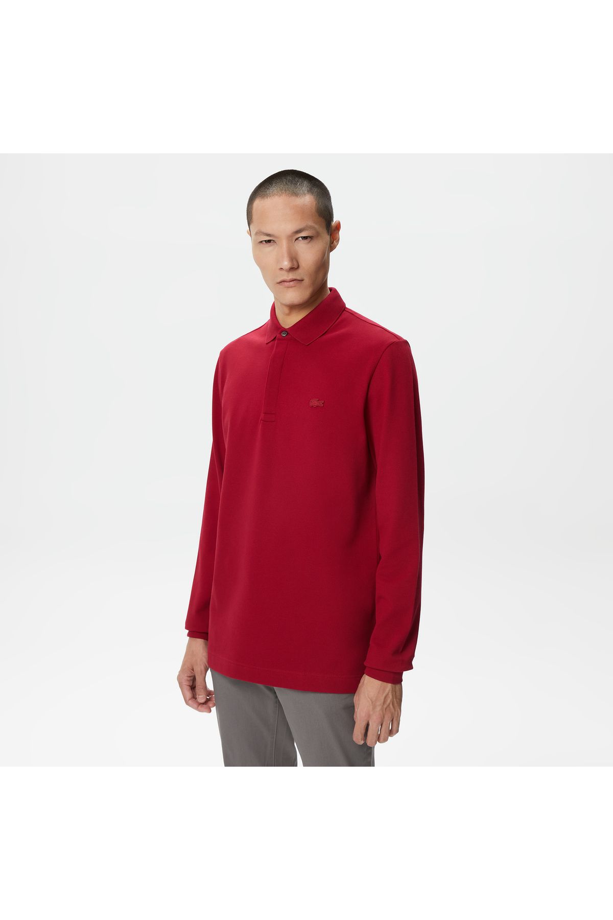 تی شرت یقه پولو قرمز مردانه آستین بلند و مناسب پاریس چوگان Lacoste
