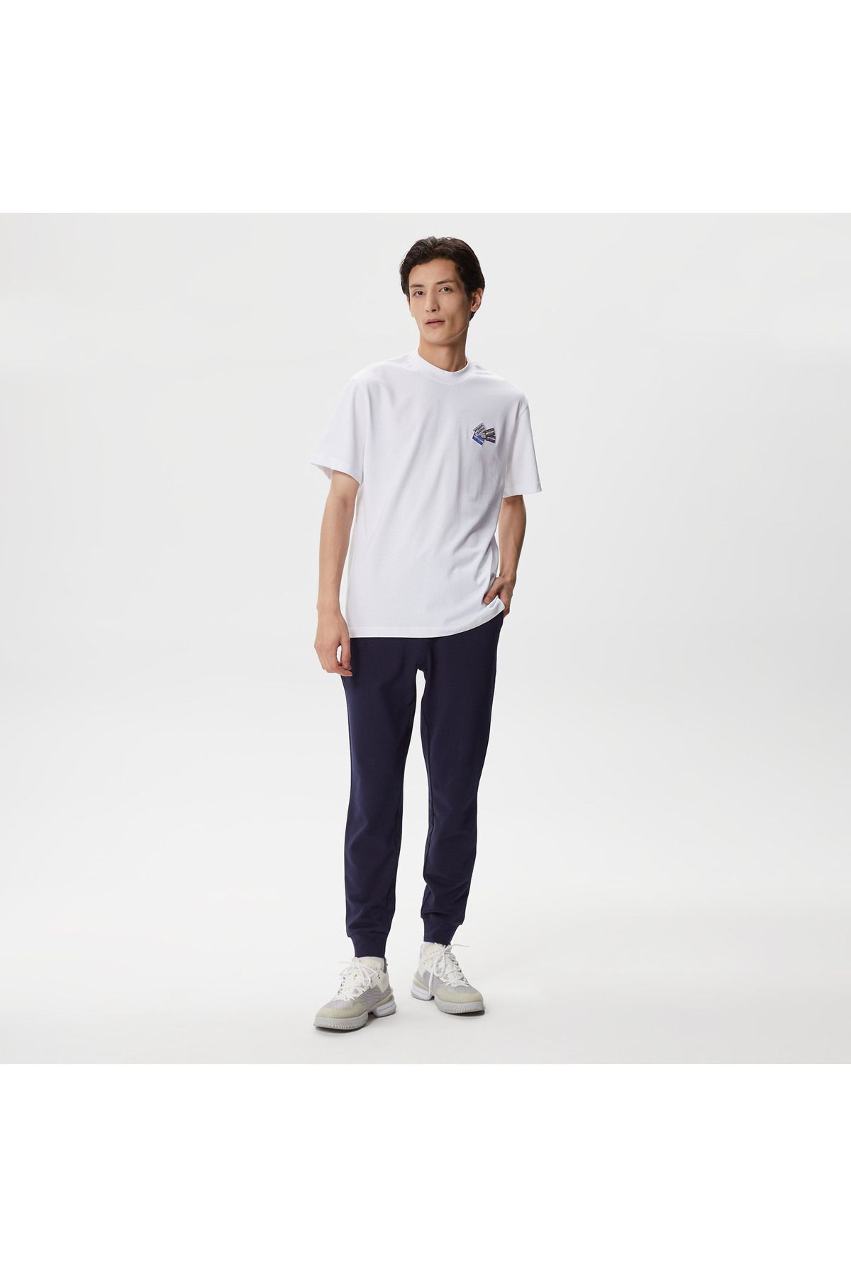 تی شرت سفید مردانه یقه دوچرخه تناسب طرح دار Lacoste