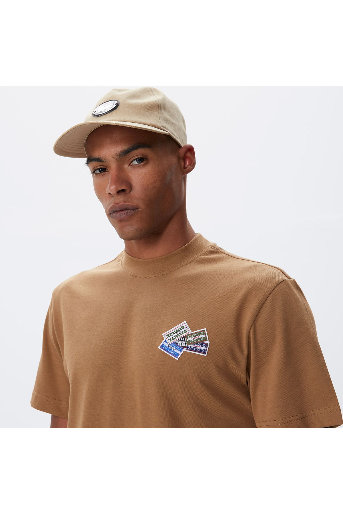 تی شرت چند رنگ مردانه یقه دوچرخه تناسب بژ طرح دار Lacoste