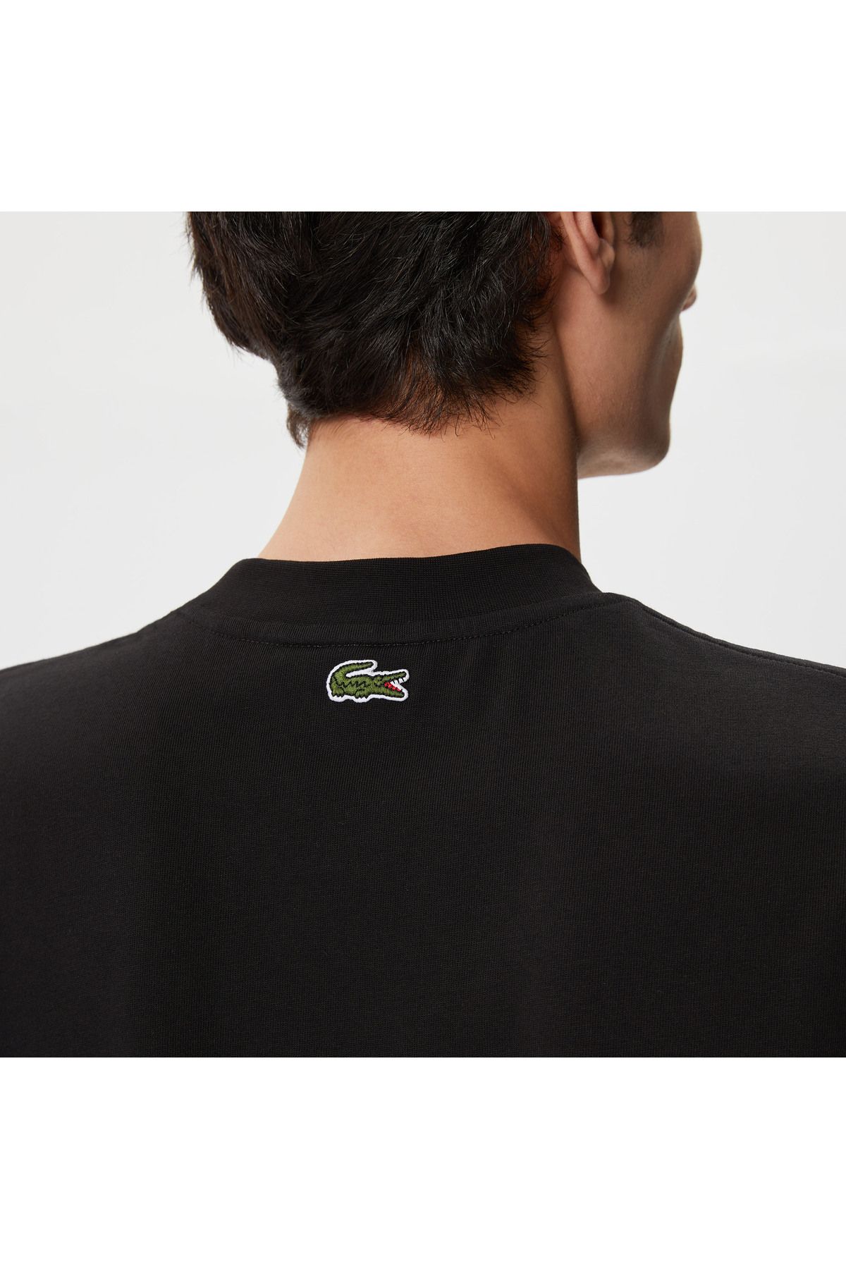 تی شرت مشکی مردانه یقه دوچرخه تناسب پیراهن طرح دار Lacoste