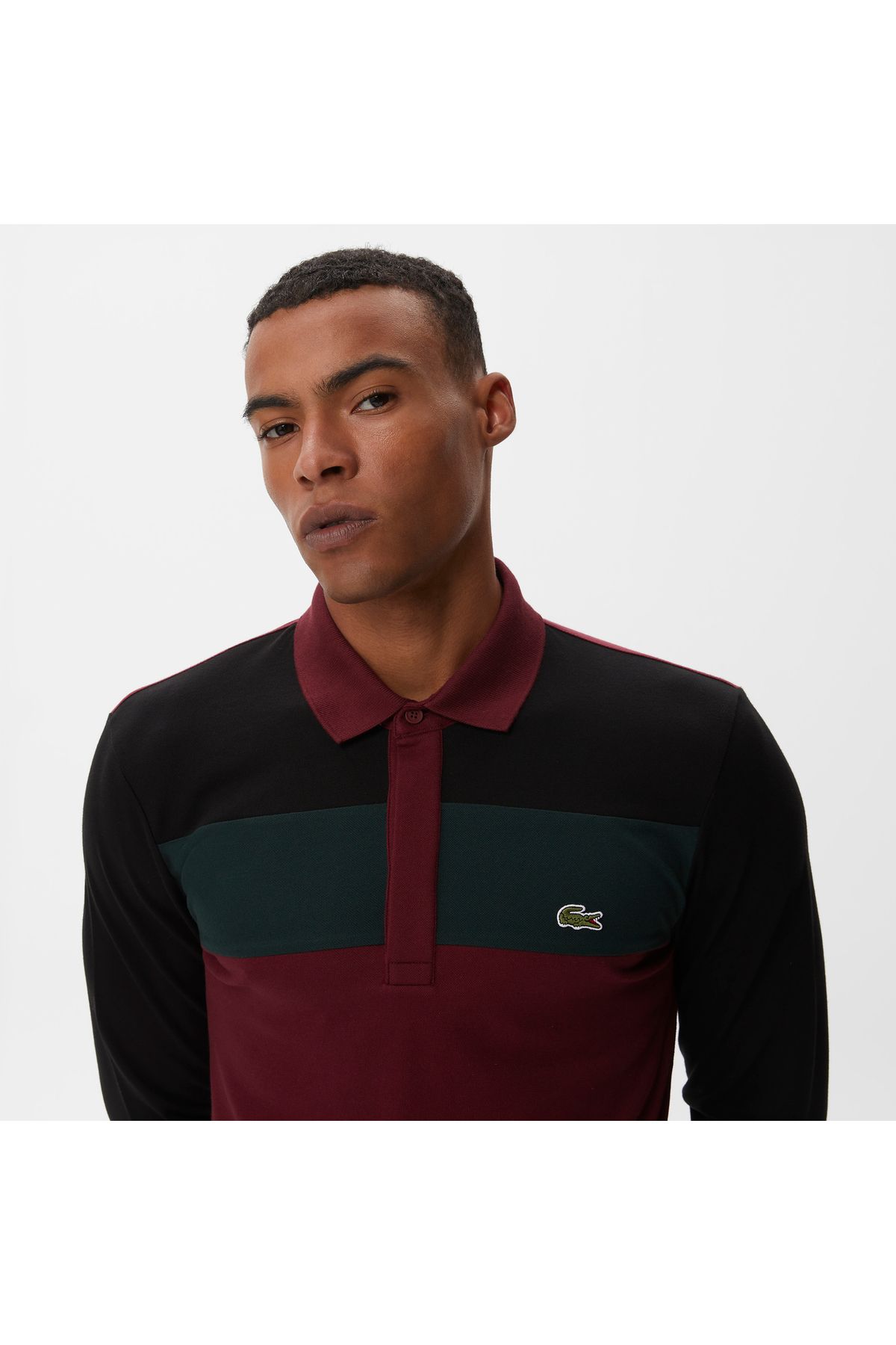 تی شرت یقه پولو قرمز مردانه بلوک رنگ آستین بلند و باریک Lacoste