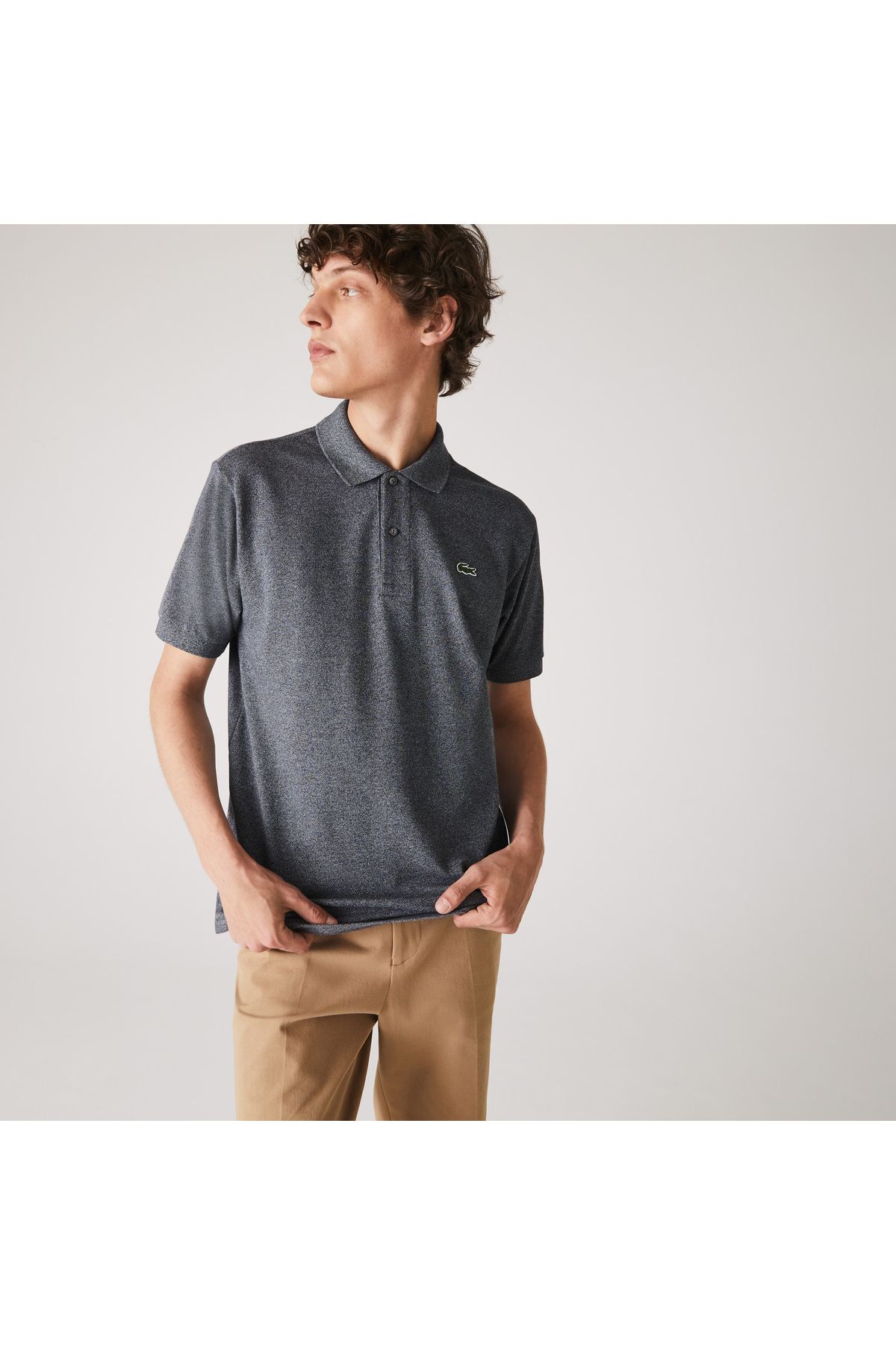 تی شرت یقه پولو خاکستری مردانه کلاسیک Marl L.12.12 چوگان تیره Lacoste