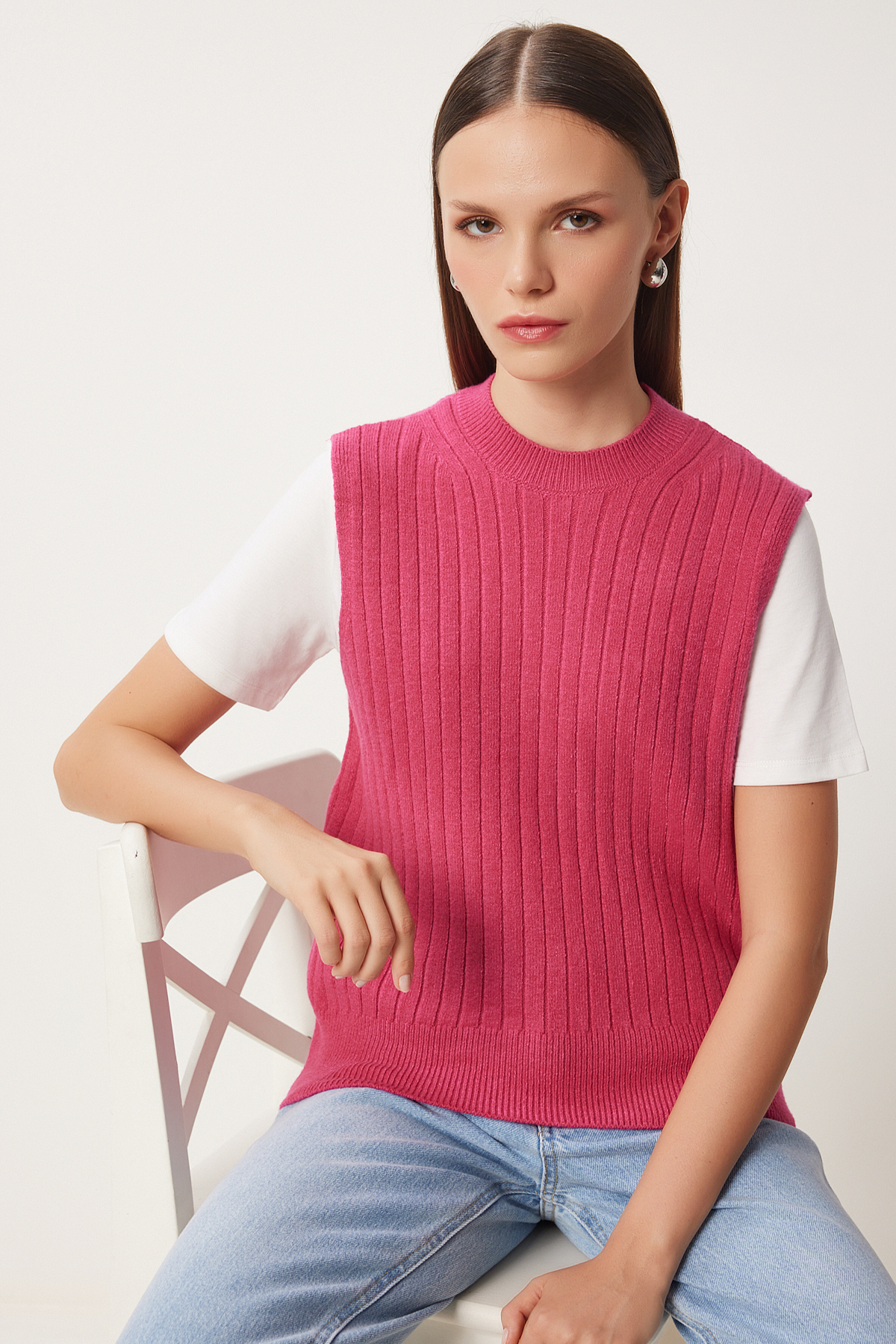 Happiness İstanbul Kadın Koyu Pembe Bisiklet Yaka Fitilli Triko Süveter NV00073