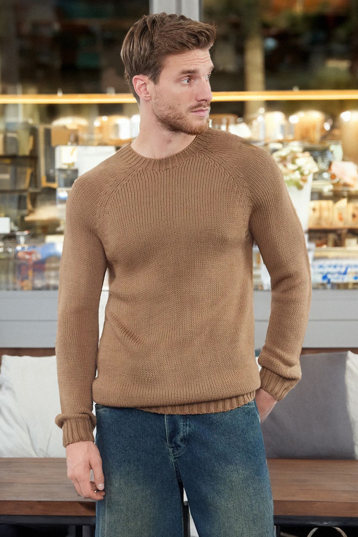 Trendyol Collection Pulover De Bază Din Tricotaje Cu Mâneci Raglan, Cu Decolteu Rotund, Slim Fit, Masculin - M