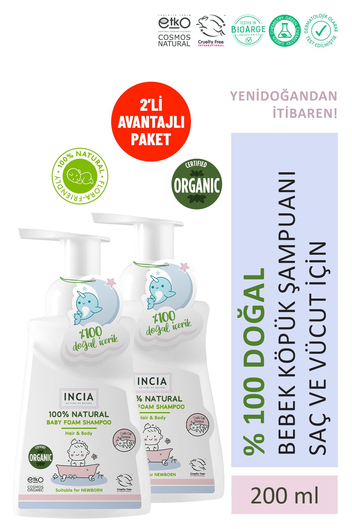 %100 Doğal Organik Bebek Köpük Şampuanı Saç Vücut Lavanta Konak Önleyici Yenidoğan 200 ml X 2 Adet