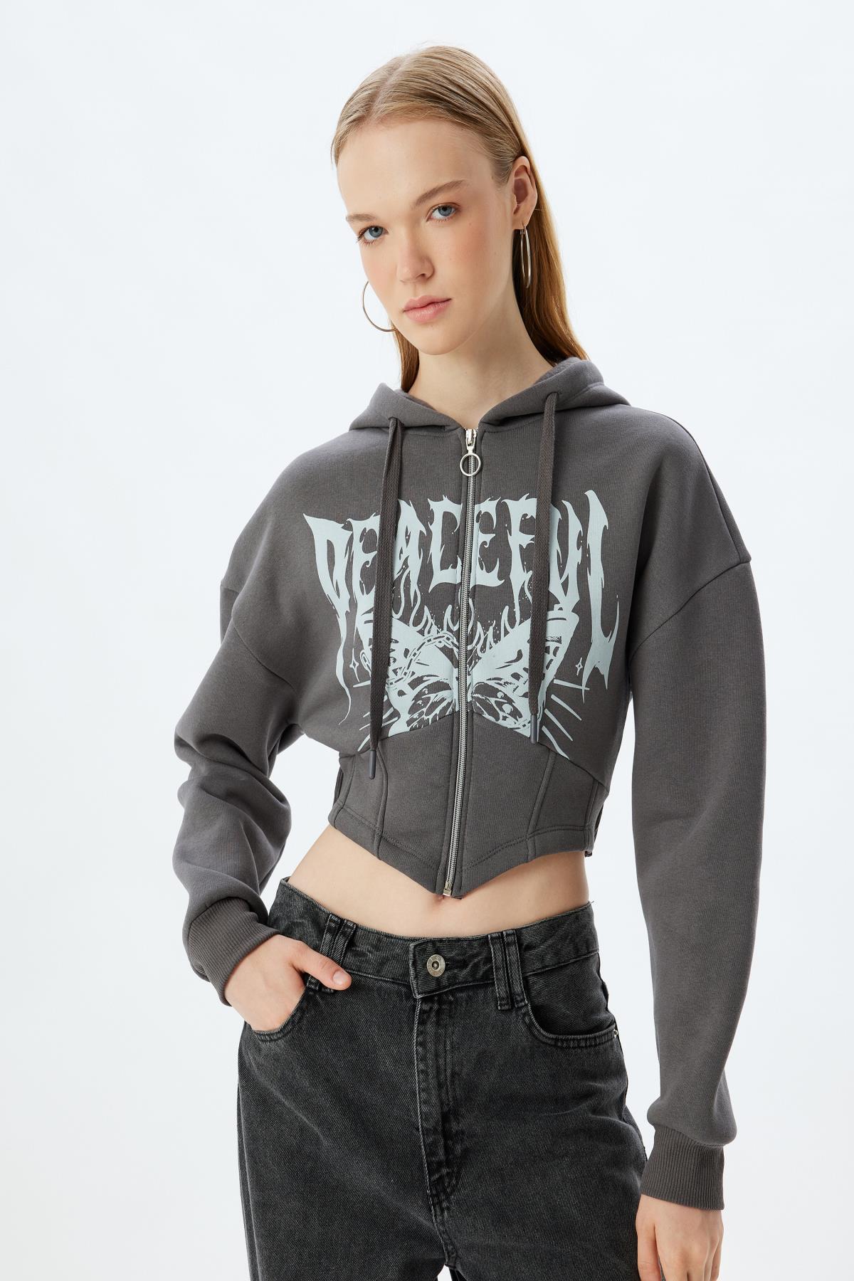 سویشرت زنانه خاکستری کوتونKoton | 5WAL10124IK اورجینال - تصویر 3