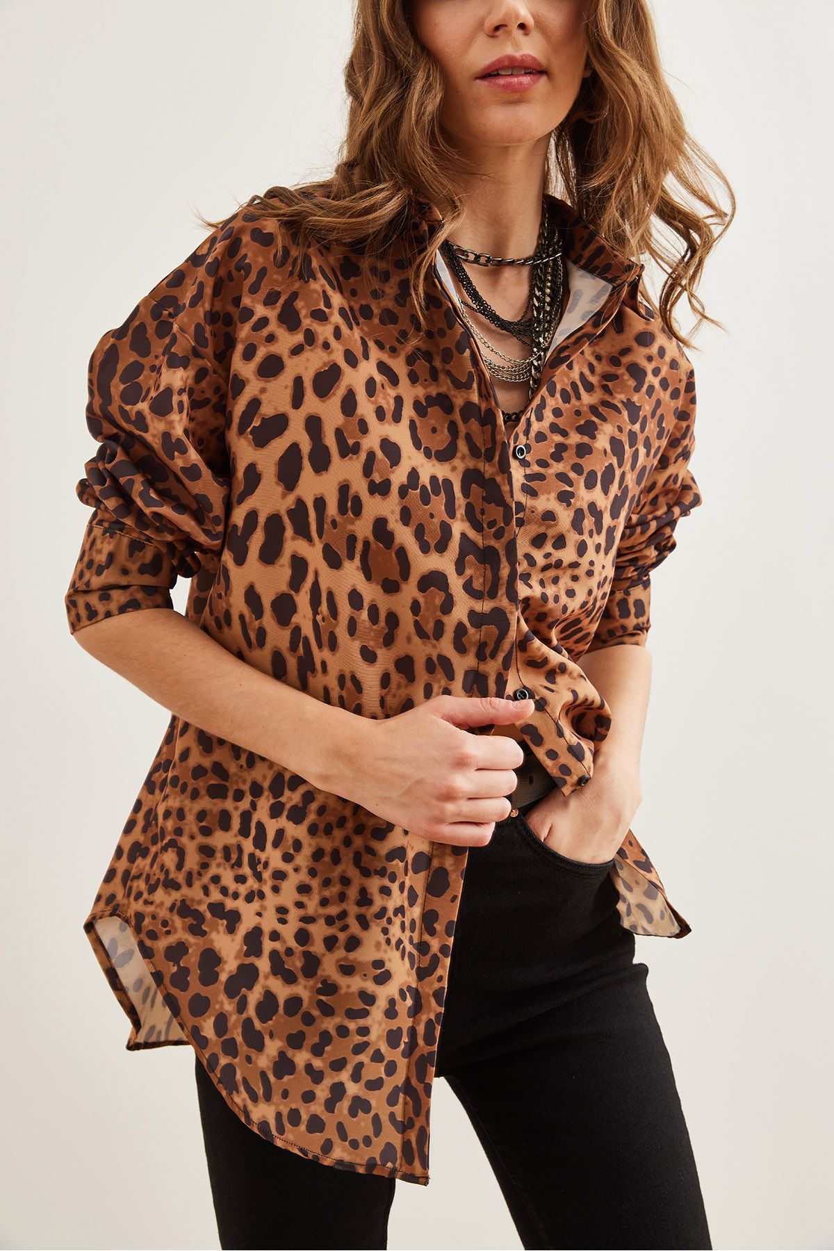 Olalook-Női Camel Leopard Hidden Placket Poplin ing GML- 19000867 4