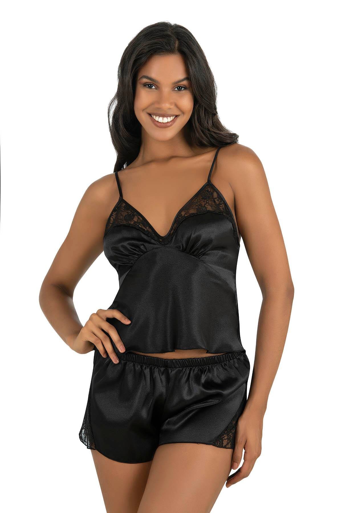 Primoda Siyah Saten Şort Takımı 9203