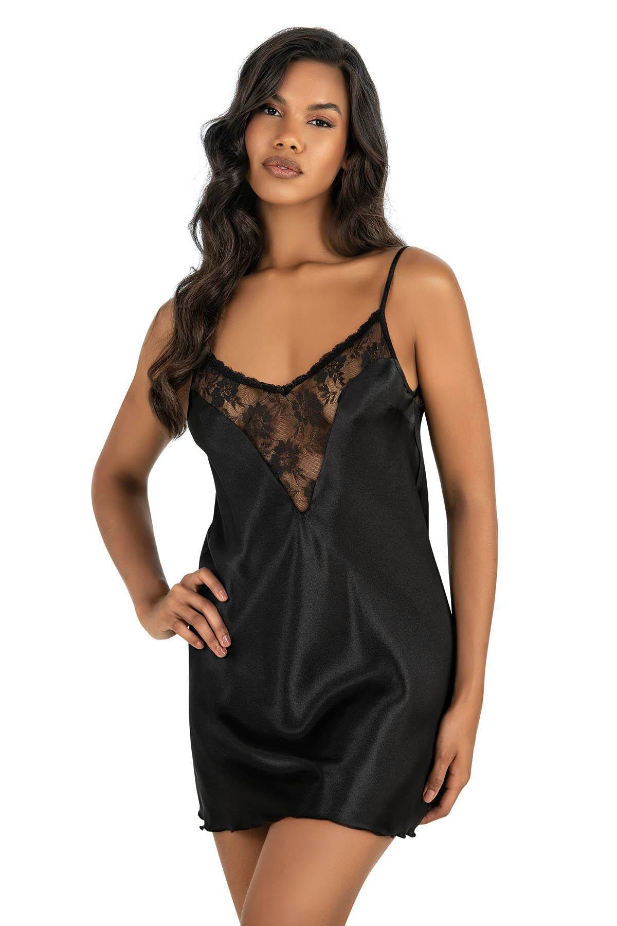 Primoda Siyah Kısa Saten Gecelik 8209