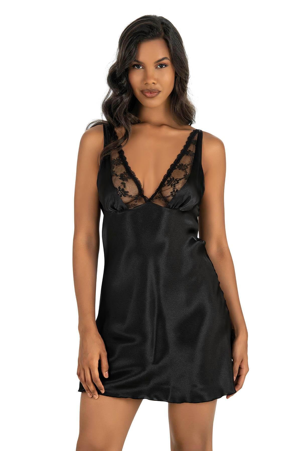 Primoda Siyah Kısa Saten Gecelik 8205